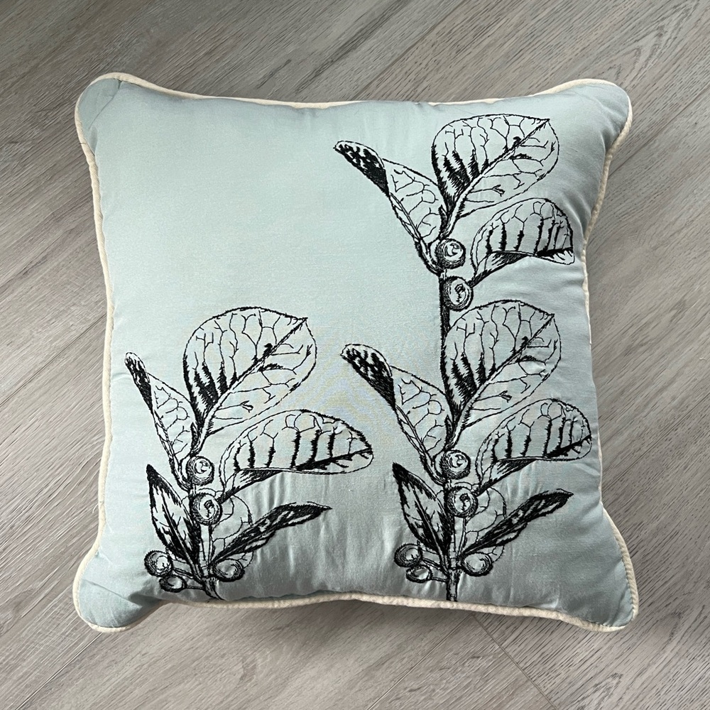 Decorative Throw Pillow Blue & Black Embroidered Botanical Leaf Design 15x15